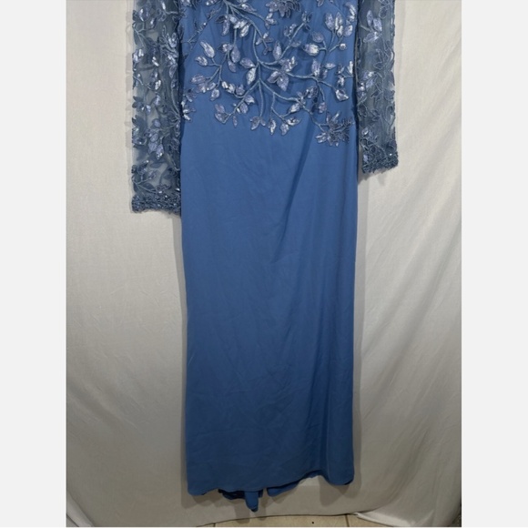 NWD $468 Tadashi Shoji‎ [ 14 ] Sequin Lace Long Sleeve Crepe Gown Cadet Blue - Picture 6 of 16
